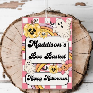 Druckbare Halloween Boo Korb Tag bearbeitbare Mädchen Retro Süßes oder Saures Tag groovy gruselige personalisierte Tag Kürbis Geist Tag Vorlage