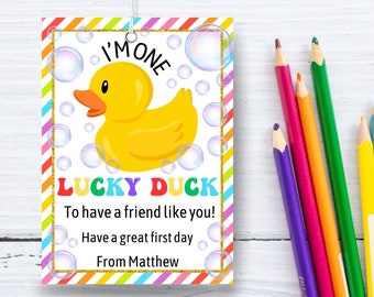 Printable Lucky duck Back to school gift tag Editable Rubber duck gift tag first day of school classroom toy Keyring non food tag template