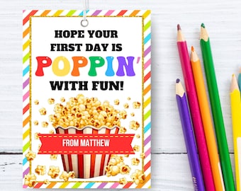 Printable Back to school popcorn gift tag editable sweet treat tag first day Teacher classroom students popping popcorn tags template