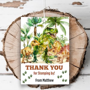 Printable Dinosaur Birthday party favor tags template Jurassic Dino boys T. rex party tag prehistoric triceratops thank you editable tag E1