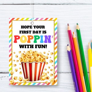 Printable Back to school popcorn gift tag NON EDITABLE sweet treat tag first day Teacher classroom students popping popcorn tags template