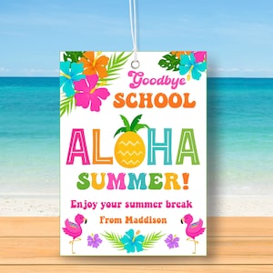 Imprimible Aloha verano Etiqueta de fin de año escolar editable Hawaiian Glitter tiki girl etiqueta de vacaciones de verano aula estudiantes tratan plantilla de etiquetas