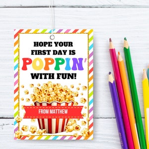Printable Back to school popcorn gift tag editable sweet treat tag first day Teacher classroom students popping popcorn tags template
