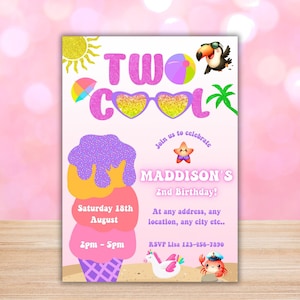 Printable Two cool girls 2nd birthday invitation Pool party ice cream editable birthday invite turning two pink summer evite template