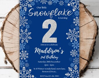 Printable Snowflake 2nd birthday invitation boys winter wonderland glitter editable Christmas birthday turning two frosty evite template J4