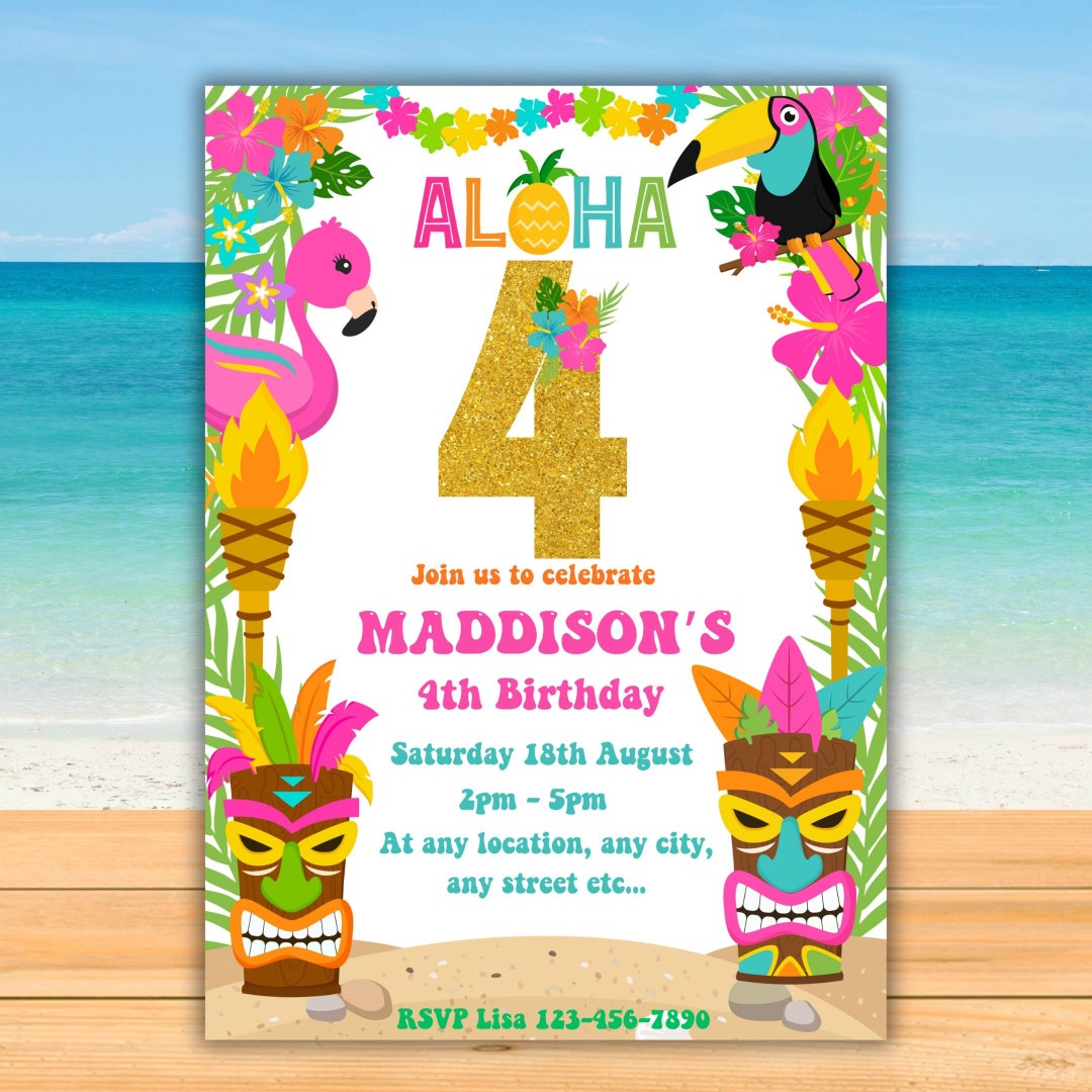 Printable Hawaiian Luau Girls 4th Birthday Invitation Tropical Pool ...