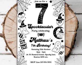 May include: Black and white Halloween-themed invitation with the text "Join us for a 7th Birthday!" featuring a spider web, pumpkins, ghosts, and a skull wearing a witch hat. The invitation is on a wooden background.