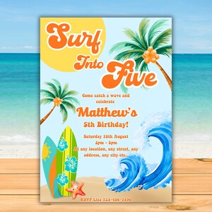 Printable Retro Surf into five boys invitation Surfing editable Boys 5th birthday swimming tropical turning five beach evite template F3