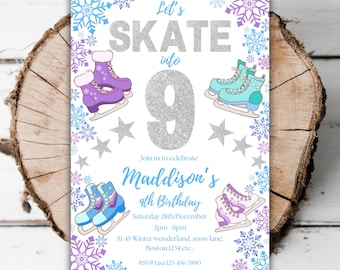 Utskrivbar inbjudan till skridskoåkning, 9-årsdag, vinterglitter, redigerbar skridskofest, födelsedag, fyller nio, frostig snöflinga, evite-mall 28