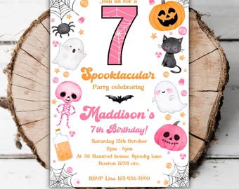 May include: A Halloween-themed invitation with a pink number 7, ghosts, pumpkins, and a black cat. The invitation reads "Spooktacular Party celebrating Maddison's 7th Birthday!" with event details and RSVP information.