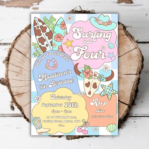 Printable Coastal cowgirl 4th birthday invitation girls surf into four editable beach Retro Wild West surfing pool party evite template L5