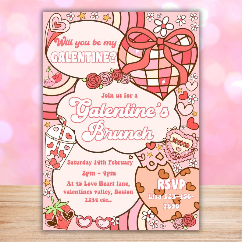 K&ouml;nnte beinhalten: Eine rosafarbene und rote Galentine's Day Brunch-Einladung mit einem herzf&ouml;rmigen Design, dem Text "Will you be my Galentine?" und "Join us for a Galentine's Brunch" sowie Details zur Veranstaltung.