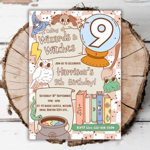 May include: A whimsical invitation with the text "Calling all Wizards & Witches" for Harrison's 9th birthday. The design includes a crystal ball, owl, frog, books, and a cauldron. The date and time are also included.