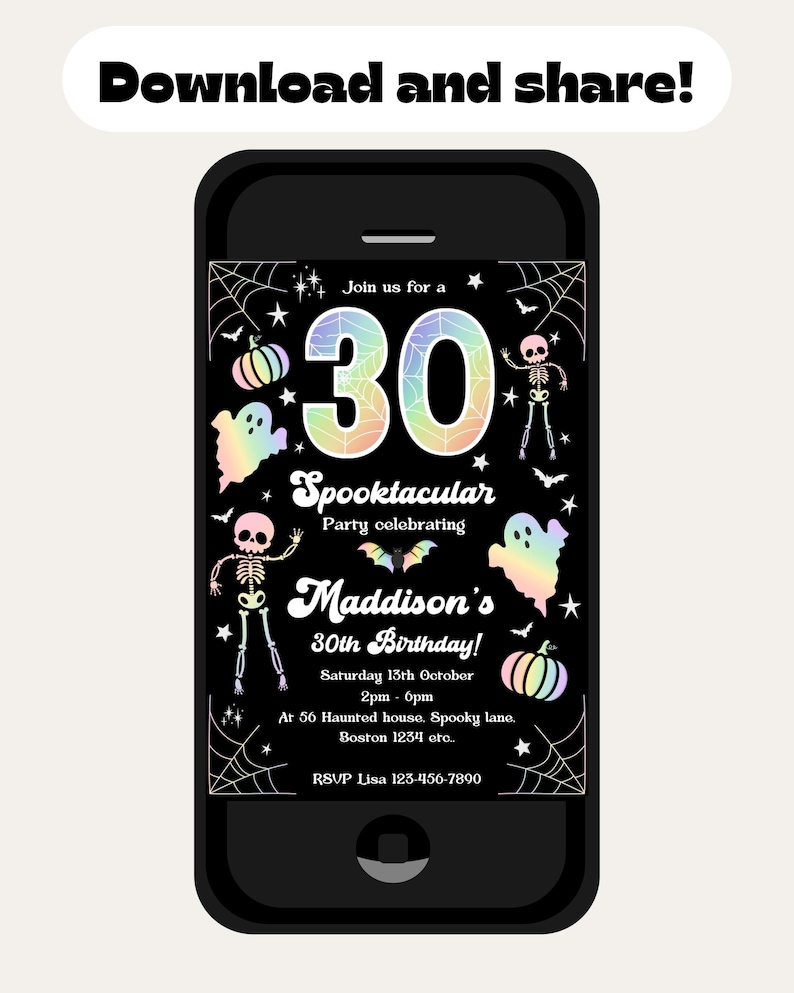 Printable Halloween 30th Birthday Invitation Holographic Rainbow Spooky ...