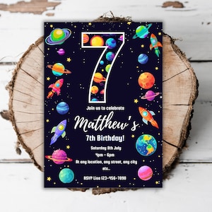 Printable Glow Outer Space birthday party invitation neon cosmic editable template boys 7th birthday invite space turning Seventh evite A1