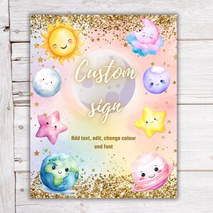 Modèle de signe de fête d'anniversaire personnalisé espace extra-atmosphérique pastel imprimable signe de table cosmique cadeaux et cartes personnalisés signe cotillons C9