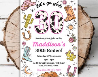 Printable Cowgirl 30th birthday invitation women’s Wild West rodeo editable retro groovy turning thirty cowgirl Western evite template L2