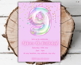 May include: Pink birthday invitation with a holographic number nine and confetti. The text reads "Join us to celebrate Abbie's 9th Birthday! Saturday 10th July 2pm - 4pm At any location, any address, any city... RSVP Lisa 193-456-189"
