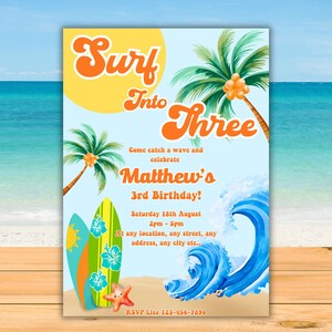 Druckbare Retro Surf in drei Jungen Einladung Surfen bearbeitbare Jungen 3