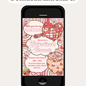 K&ouml;nnte beinhalten: Eine digitale Einladung in Rosa und Rot f&uuml;r einen Galentine's Brunch. Die Einladung zeigt ein Herz mit Schleife, ein Glas rosa Getr&auml;nk mit Herzen und den Text "Will you be my GALENTINE?" und "Join us for a Galentine's Brunch".