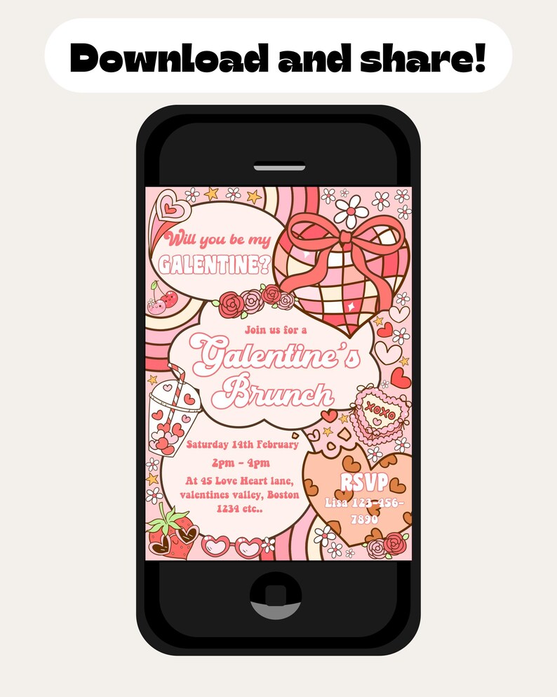 K&ouml;nnte beinhalten: Eine digitale Einladung in Rosa und Rot f&uuml;r einen Galentine's Brunch. Die Einladung zeigt ein Herz mit Schleife, ein Glas rosa Getr&auml;nk mit Herzen und den Text "Will you be my GALENTINE?" und "Join us for a Galentine's Brunch".