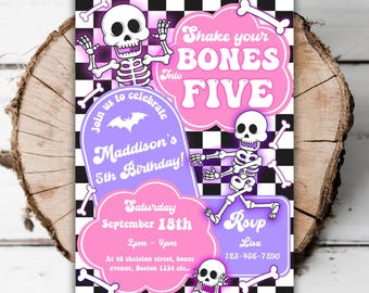 Printable Halloween 5th birthday invitation girls spooky five skeleton editable groovy fall shake your bones turning five evite template 14