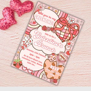 K&ouml;nnte beinhalten: Rosa und wei&szlig;e Einladungskarte mit einem Comic-Herz und dem Text "Will you be my Galentine?" und "Join us for a Galentine's Brunch". Die Karte enth&auml;lt auch einen Comic-Bubble Tea, Erdbeeren und Blumen.