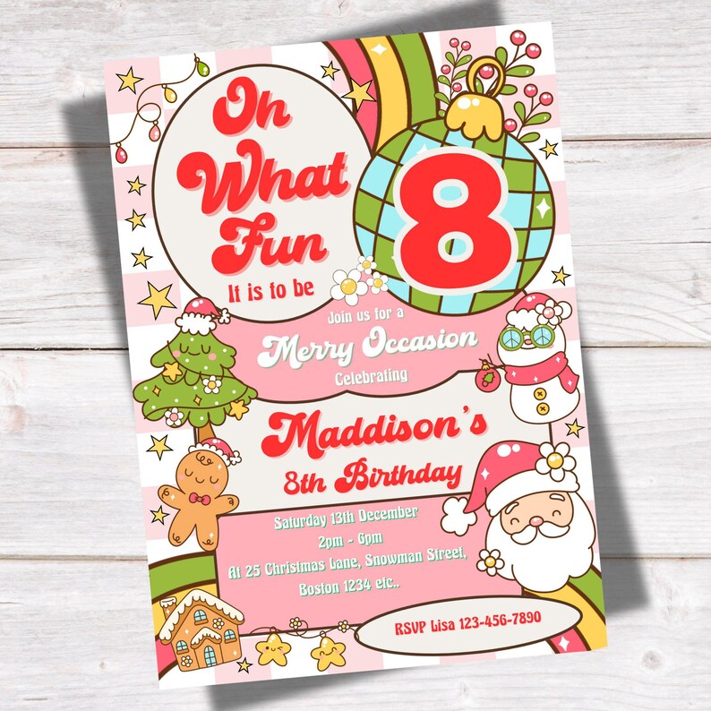 Printable Christmas 8th Birthday Invitation Girls Retro Oh What Fun ...