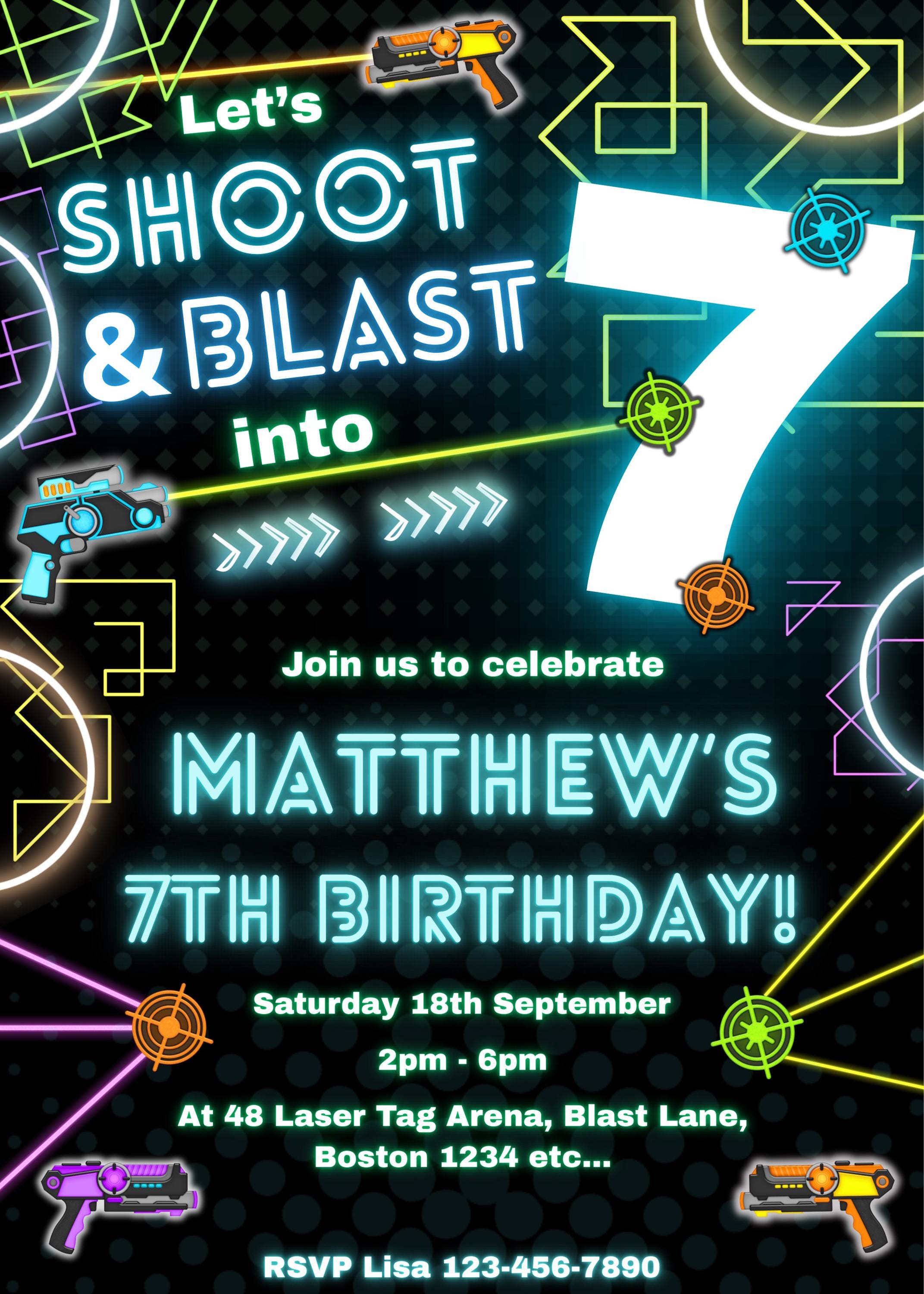 Printable Laser Tag 7th Birthday Invitation Neon Arcade Editable