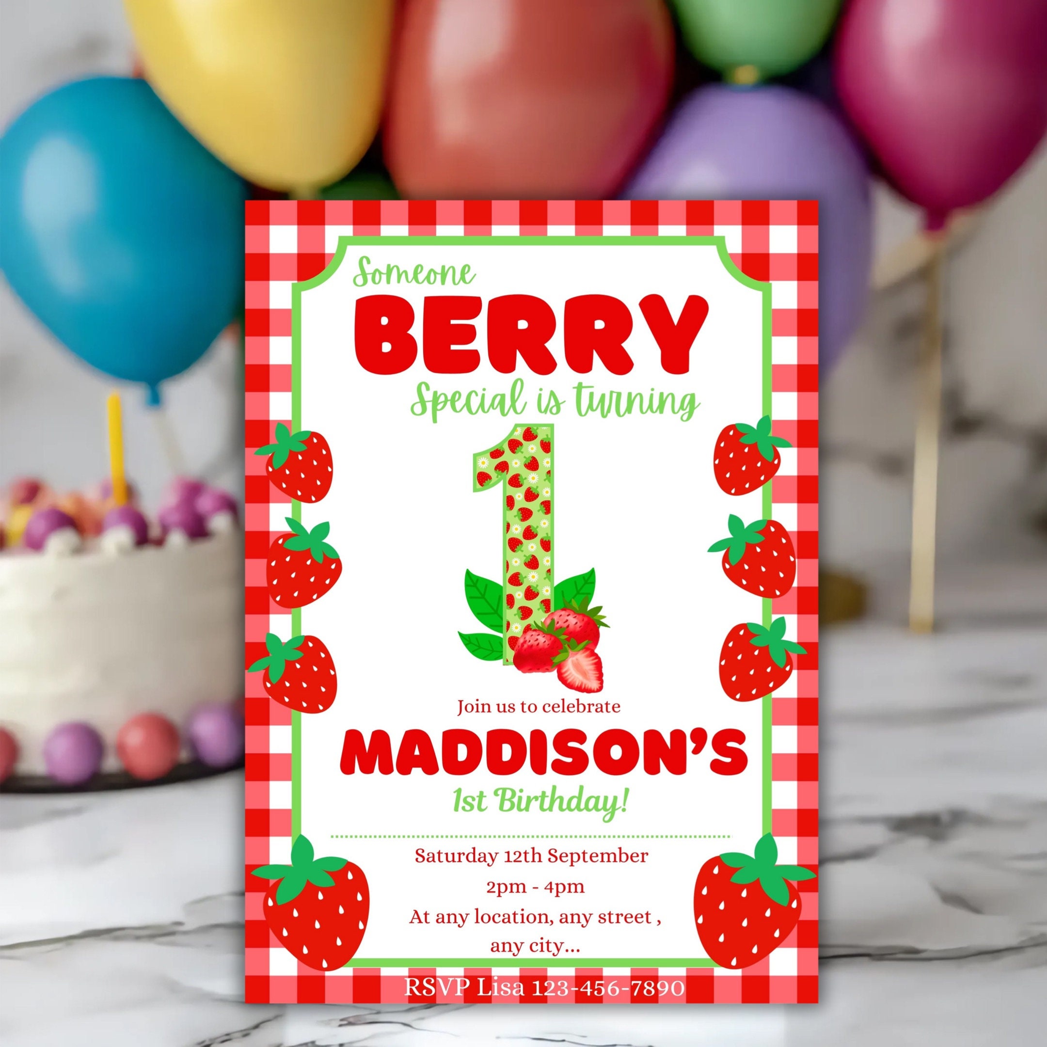 Printable Strawberry 1st Birthday Invitation Editable Berry First Girl ...