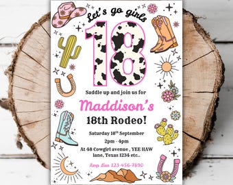 Invitación imprimible para cumpleaños número 18 de vaquera, para niñas, estilo salvaje oeste, rodeo, editable, retro, genial, para adolescentes que cumplen dieciocho años, plantilla de Evite del oeste L2