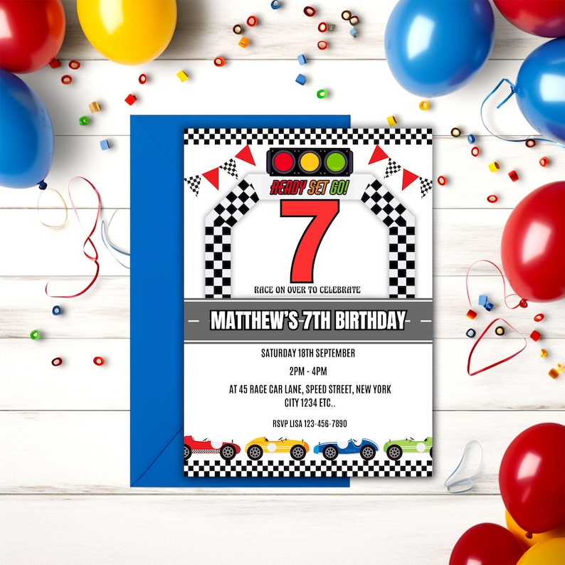 Number 7th Racing Printable Race Car 7th Birthday Invitation Boys 7th Birthday Fast ...