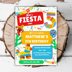 May include: A colorful invitation for a 5th birthday party with a fiesta theme. The invitation features a piñata, a cactus, a skull, and a sombrero. The text on the invitation reads "Let's Fiesta into Matthew's 5th Birthday".