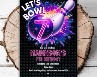 Printable Neon bowling girls 7th birthday invitation glow editable strike up some fun turning seven arcade bowling seventh evite template H8