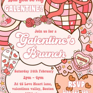 K&ouml;nnte beinhalten: Eine rosa und wei&szlig;e Einladungskarte mit einem Comic-Herz und dem Text "Will you be my GALENTINE?" und "Join us for a Galentine's Brunch". Die Karte enth&auml;lt auch das Datum und die Uhrzeit der Veranstaltung, den Ort und eine RSVP-Nummer.