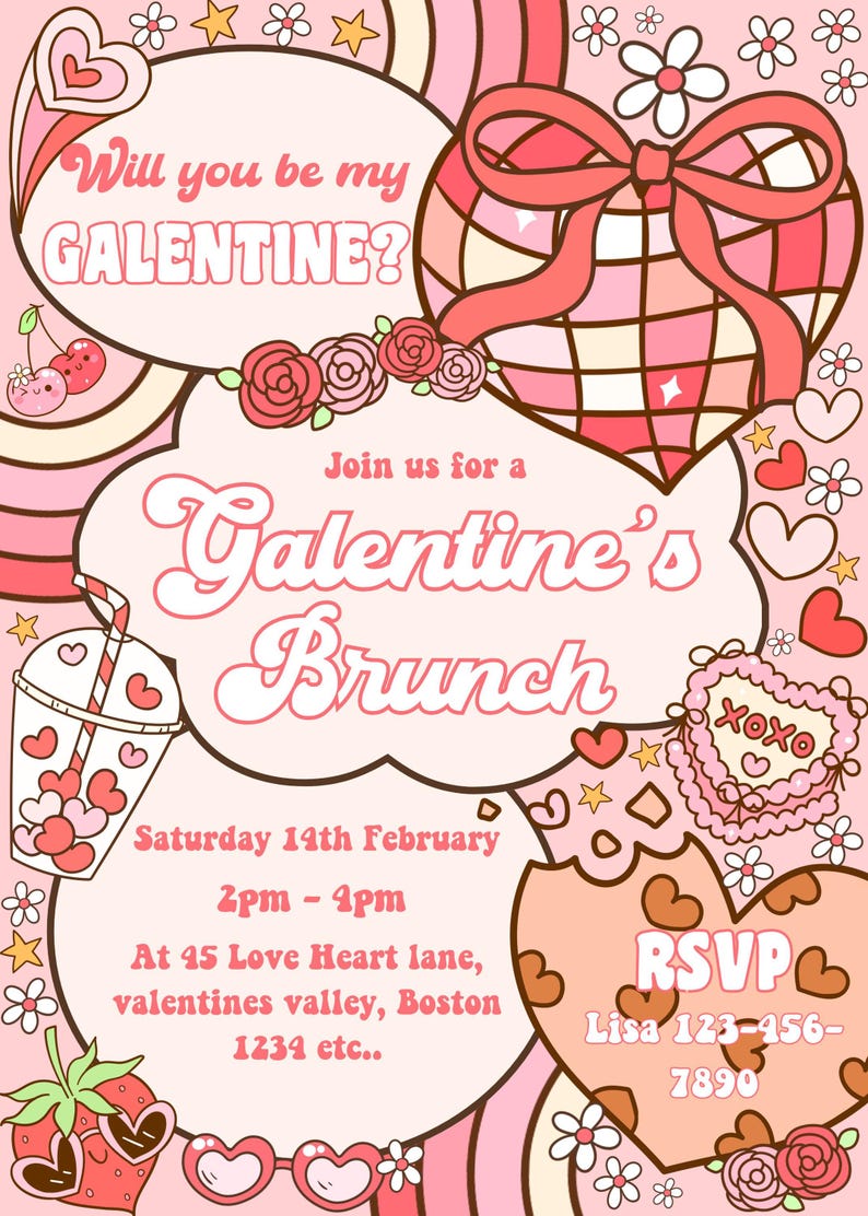 K&ouml;nnte beinhalten: Eine rosa und wei&szlig;e Einladungskarte mit einem Comic-Herz und dem Text "Will you be my GALENTINE?" und "Join us for a Galentine's Brunch". Die Karte enth&auml;lt auch das Datum und die Uhrzeit der Veranstaltung, den Ort und eine RSVP-Nummer.