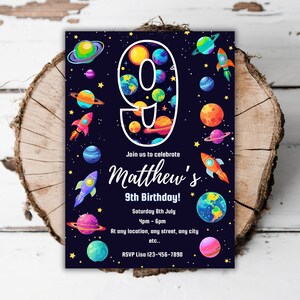 印刷可能な光る宇宙の誕生日パーティー招待状男の子ネオン宇宙編集可能なテンプレート男の子9歳の誕生日招待状宇宙回転ナインエバイトA1