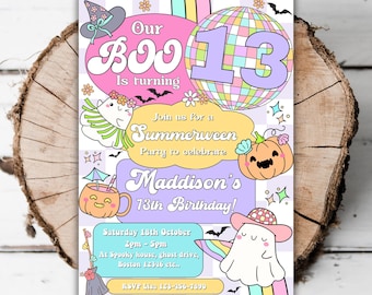 Printable Summerween 13th birthday party invitation summer Halloween editable girls 13th spooky pool party turning thirteen template L8