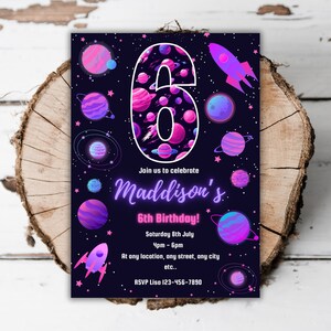 Printable Glow Outer Space pink birthday party invitation neon cosmic editable template girls 6th birthday invite space turning Six evite A3
