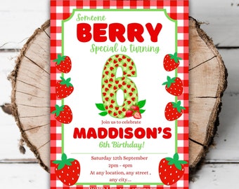 May include: A red and white checkered background with a green and red strawberry design. The text "Someone Berry Special is turning 6" is in red and green. The text "Join us to celebrate Maddison's 6th Birthday!" is in green and red. The text "Saturday 12th September 2pm-4pm At any location, any street, any city... RSVP Lisa 123-456-7890" is in black.