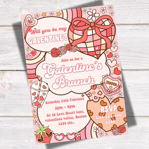 K&ouml;nnte beinhalten: Rosa und rote Galentine's Day Brunch-Einladung mit herzf&ouml;rmigem Design, Kirschen, einem Getr&auml;nk mit Herzen und dem Text "Will you be my GALENTINE?" und "Join us for a Galentine's Brunch".
