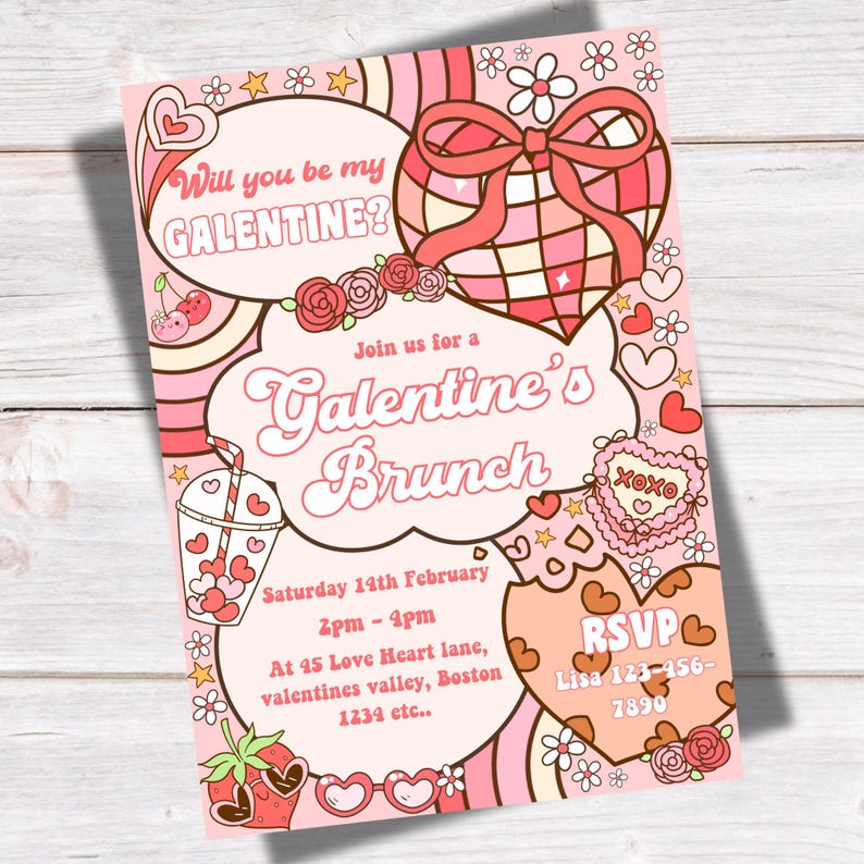 K&ouml;nnte beinhalten: Rosa und rote Galentine's Day Brunch-Einladung mit herzf&ouml;rmigem Design, Kirschen, einem Getr&auml;nk mit Herzen und dem Text "Will you be my GALENTINE?" und "Join us for a Galentine's Brunch".