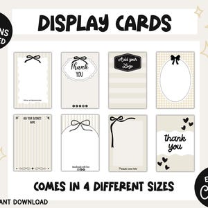May include: A collection of eight rectangular display cards featuring various black and white graphic designs, including bows, hearts, and text placeholders like 'thank you' and 'add your logo'. The set includes 10 designs in 4 different sizes.