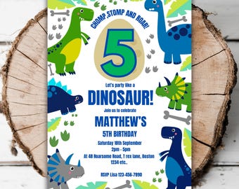 Printable Dinosaur boys 5th birthday invitation Dino editable Jurassic turning five T. rex prehistoric jungle Dino Fifth evite template J2