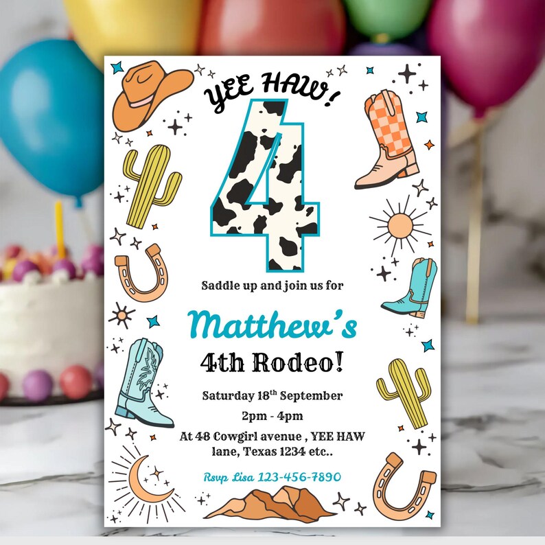Printable Cowboy 4th Birthday Invitation Boys Wild West Rodeo Editable ...