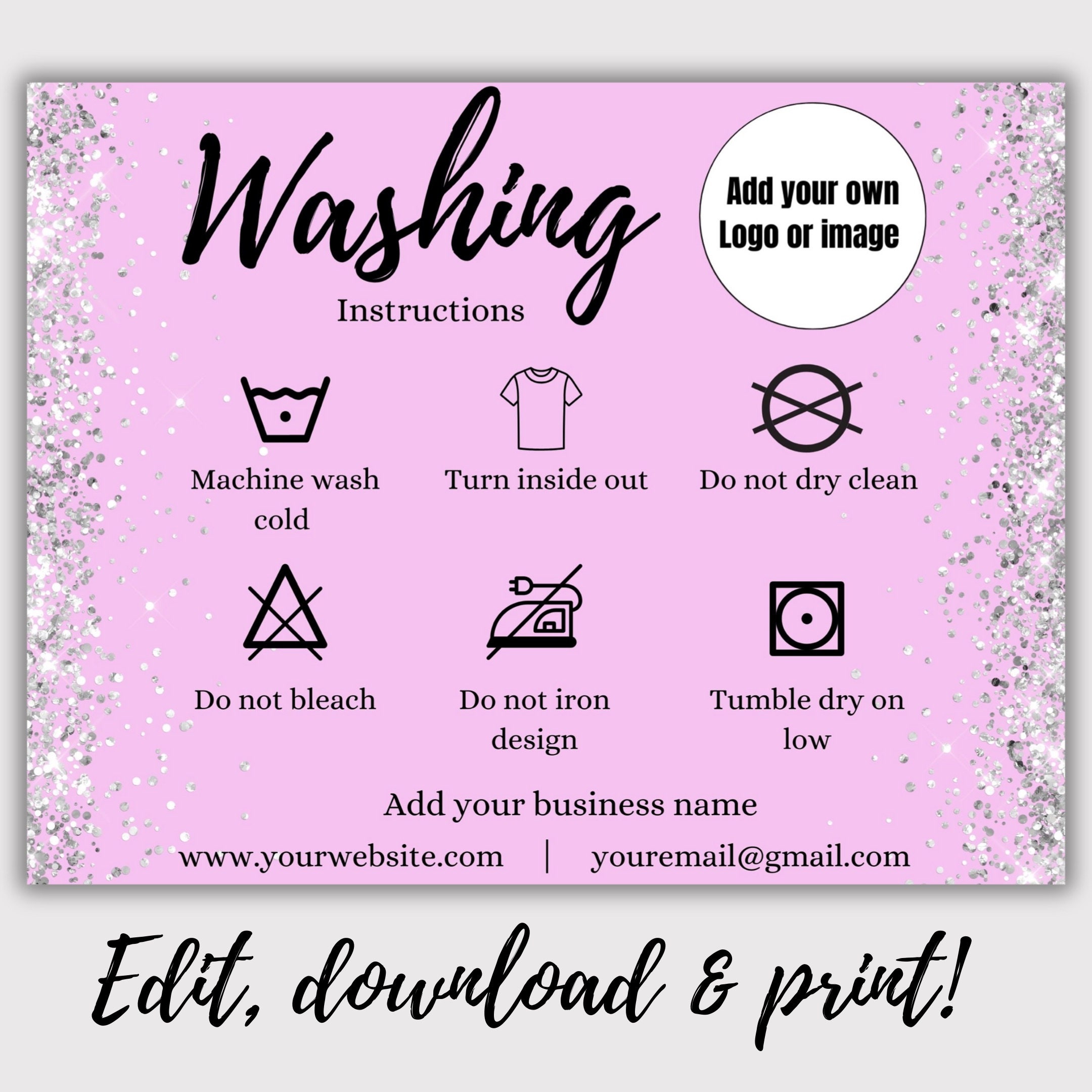 Printable Washing Care Card Template Simple T-shirt Care Editable Card ...