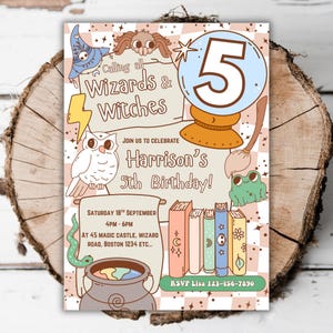 May include: A whimsical invitation with a beige and pink checkered background. The invitation reads "Calling all Wizards & Witches" and announces a 5th birthday party. Illustrations include a wizard hat, owl, spider, frog, books, and a cauldron.