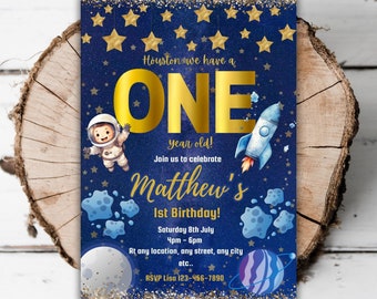 Printable Gold Outer Space birthday party invitation boys astronaut editable template boys 1st birthday invite space turning One evite C8