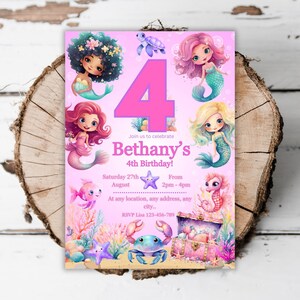 Printable Girls 4th Mermaid birthday party invitation under the sea evite template editable mermaid 4th birthday invitation turning four B5