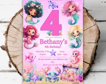 Printable Girls 4th Mermaid birthday party invitation under the sea evite template editable mermaid 4th birthday invitation turning four B5